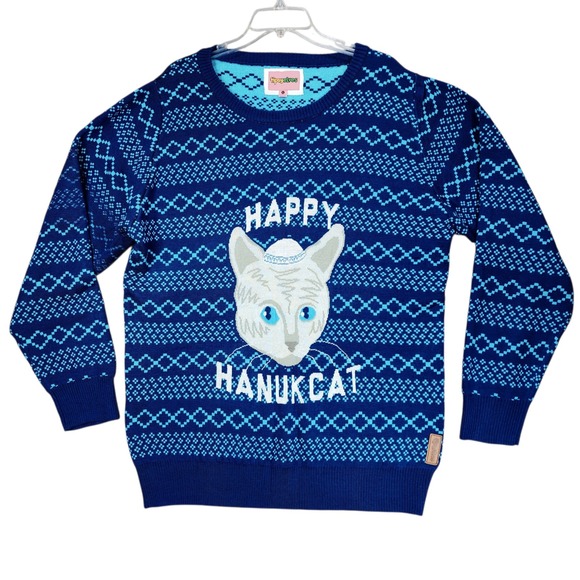 Tipsy Elves Hanukkah Sweater Women sz L Happy Hanukcat Blue Chanukah Holiday Cat - Picture 1 of 8
